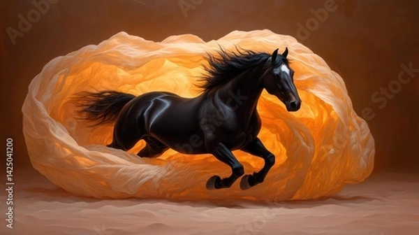 Fototapeta Generic animal gallops through a glowing swirling structure on a brown background. Dramatic lighting enhances the animal's form and texture