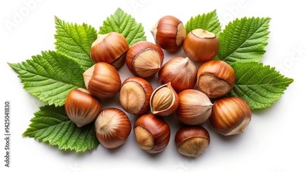 Obraz Minimalist Hazelnut Photography: Still Life of Hazelnuts and Leaves, Autumn Harvest, Nature Photography
