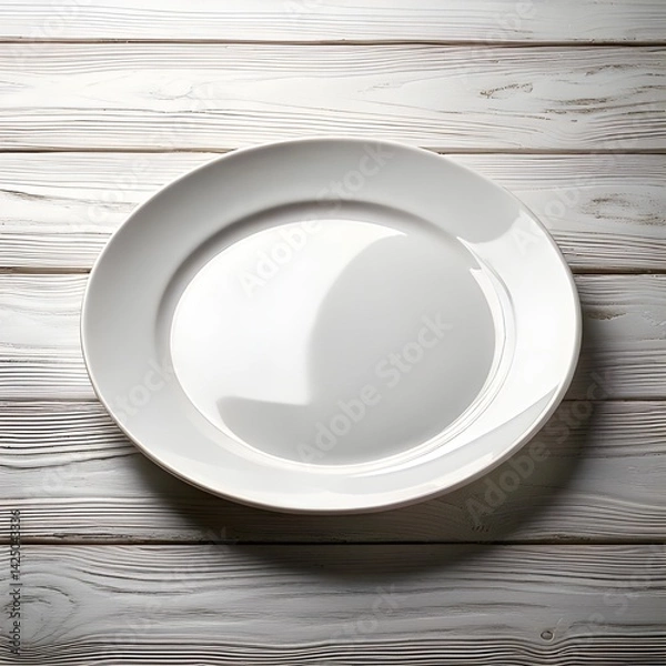 Fototapeta Empty White Plate on Wooden White Table With 3/4 Camera Angle Perspective