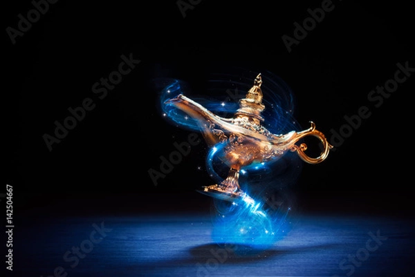 Obraz Magiczna lampa Aladdin / Genie unosząca się na ciemnym tle