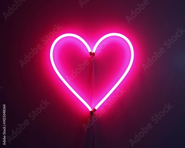 Fototapeta A softly glowing pink neon heart sign illuminates a textured wall, casting a gentle light that evokes feelings of love, warmth, and a touch of romance