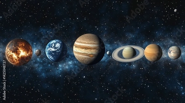 Fototapeta Planets of the solar system aligned in space, showing their relative sizes and colors against a backdrop of stars and nebulae.