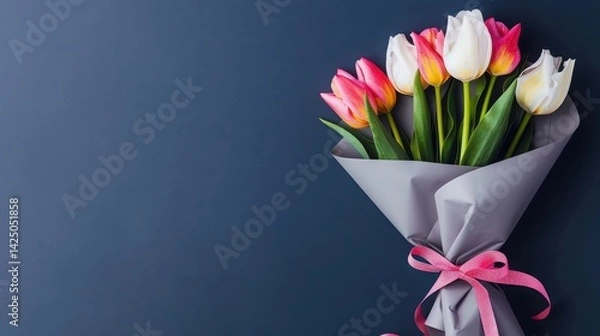Obraz Bouquet of tulips wrapped in grey paper and tied with pink ribbon on dark blue background, perfect for floral design, celebration and decoration concepts. Top view. Space for text on the left