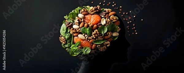 Obraz Conceptual still life image of a glowing human brain made entirely of nutritious food items like walnuts spinach and omega 3 rich fish against a dark background with no text