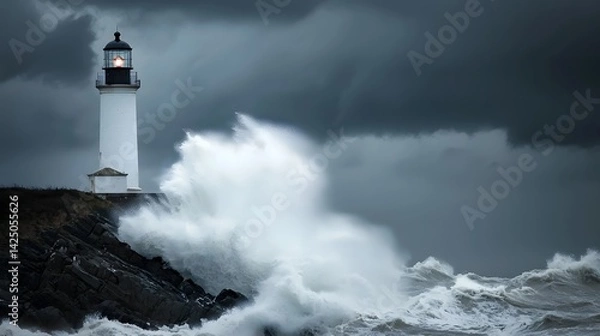 Obraz Dramatic lighthouse standing tall on a rugged rocky coastline with powerful waves crashing against the cliffs below and a stormy ominous sky overhead  The lighthouse s beacon shines through the gloom