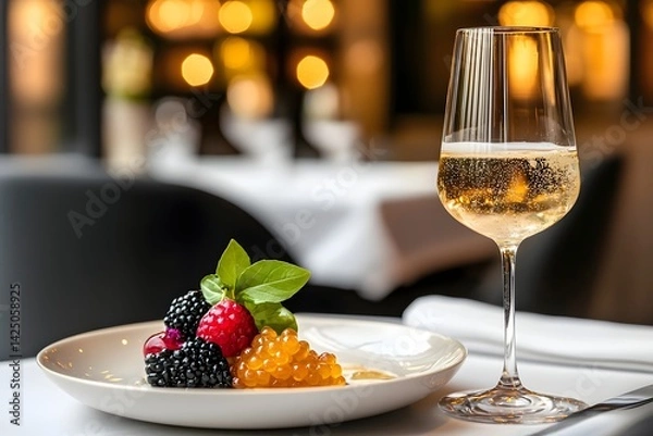 Obraz Luxurious caviar tasting experience with chilled vodka pairing served in an elegant fine dining setting featuring a beautifully presented dish with contrasting textures and flavors