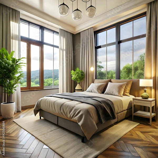 Obraz a bedroom with a bed a window and a large window