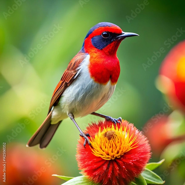 Obraz a bird with a red beak sits on a flower
