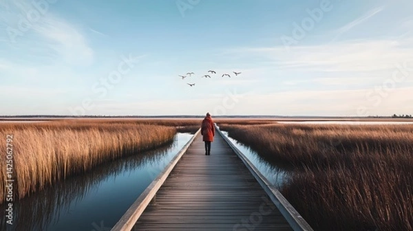 Obraz Rustic wooden boardwalk winding through a serene marshland surrounded by reeds and birds soaring overhead in the tranquil coastal environment  The peaceful