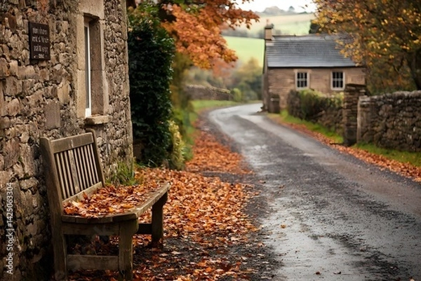Obraz Serene countryside bus stop surrounded by vibrant autumn leaves with an old wooden bench and a rustic signpost creating a peaceful and nostalgic atmosphere