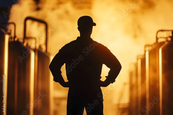 Obraz Silhouette of a skilled brewer standing in front of brewing equipment with the equipment s warm glow creating a dramatic cinematic lighting effect  The scene has a moody
