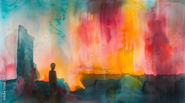 Obraz Silhouetted Boy Stands Before Abstract Colorful Wall