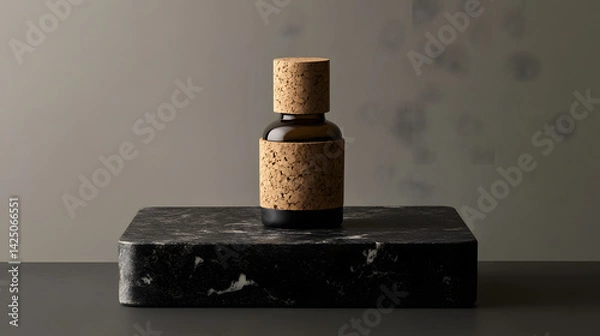 Fototapeta sleek glass bottle with cork stopper sits elegantly on dark marble slab, exuding sense of natural luxury