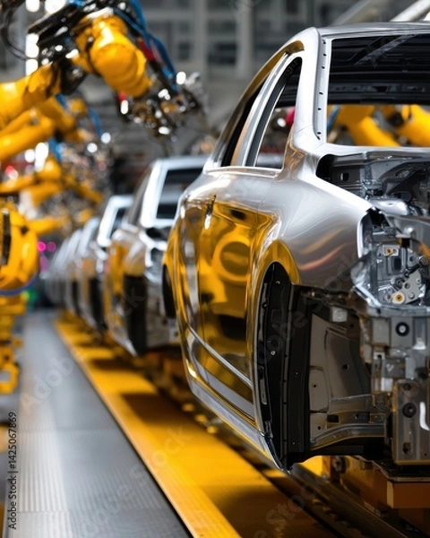 Fototapeta Automotive assembly line with robotic arms crafting a modern silver car body in a bright factory