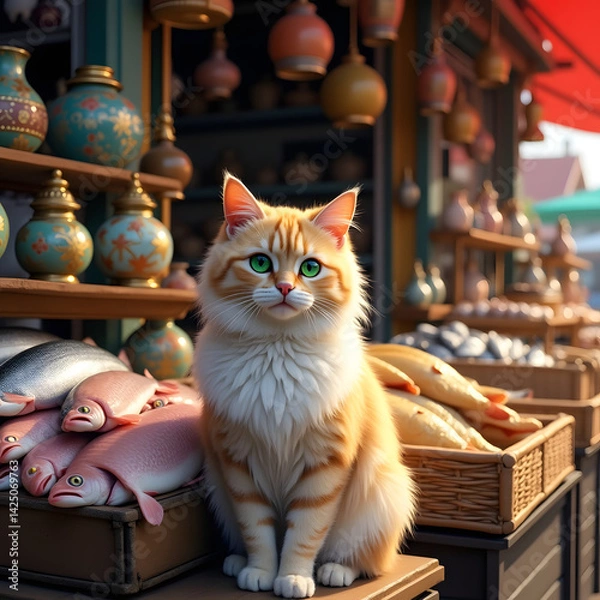 Fototapeta A cute cat sitting in front of a market stall with fresh fish on display 