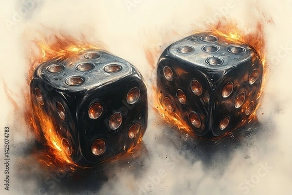 Fototapeta Two burning dice with fiery flames surrounding their surfaces