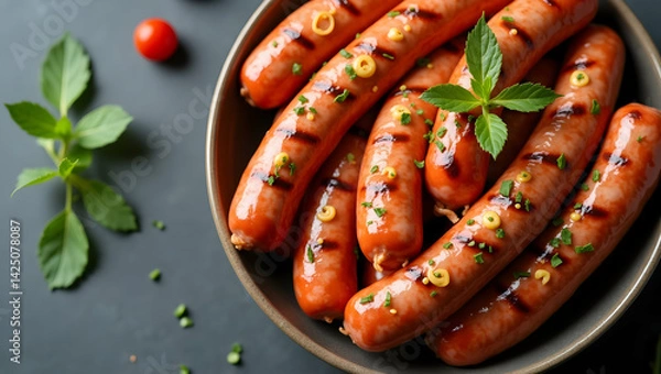 Fototapeta Delicious Coiled Sausage Links Arranged with Mustard and Fresh Herbs, Perfect for Culinary Enthusiasts and Food-Related Projects with a Modern Aesthetic