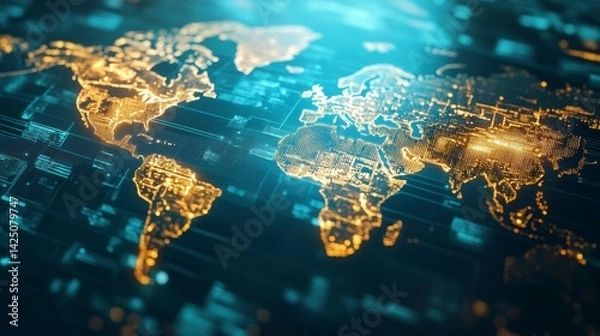 Fototapeta Global network connection, digital world map with glowing lines.