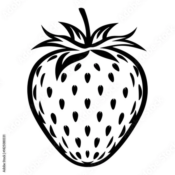 Fototapeta Monochrome strawberry illustration with clearly defined seeds and distinct leaf structure