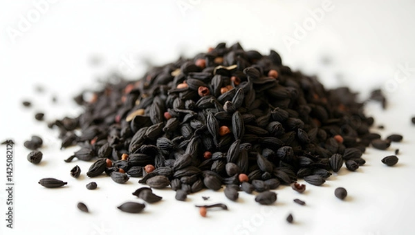 Fototapeta Detailed close-up showcasing a pile of loose black tea leaves arranged in a slightly messy yet artistic composition, highlighting textures and earthy tones