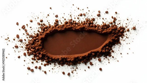 Fototapeta Elegant coffee frame composition with textured grounds and scattered beans, perfect for cafe menus and promotional designs, capturing a rich aroma