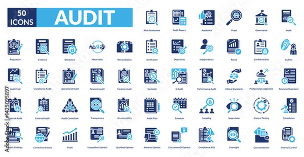 Fototapeta Audit fill icon collection set. Includes review, inspection, compliance, checklist, assessment, verification, examination, scrutiny, oversight, evaluation, certification, analysis, monitoring