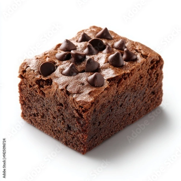 Fototapeta A single chocolate brownie with chocolate chips isolated on white background
