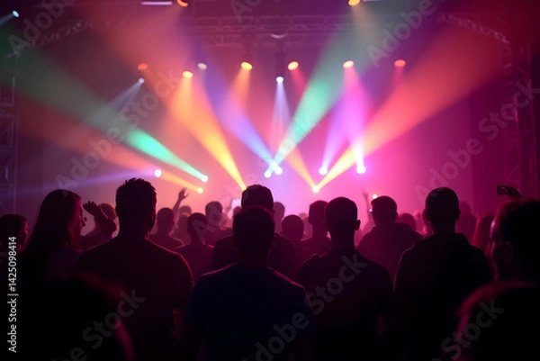 Obraz Energetic Crowd Silhouette Enjoys a Live Music Concert with Vibrant Lighting, Capturing the Excitement and Shared Experience of a Night Out