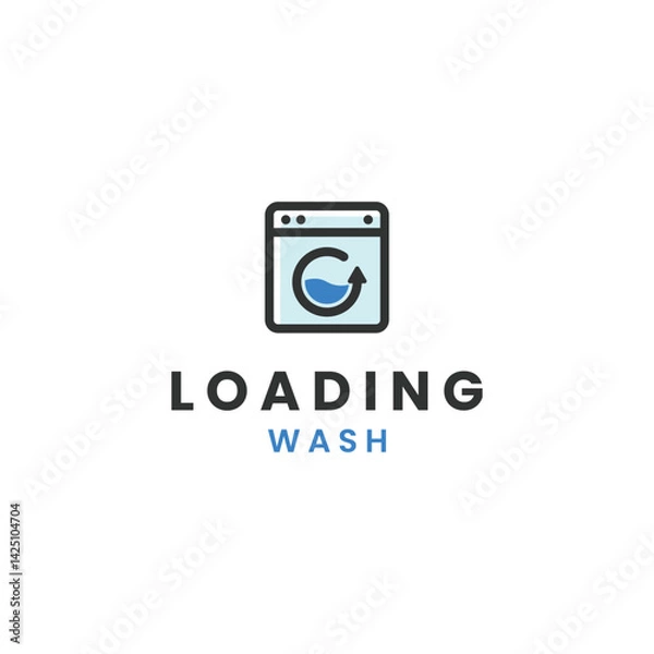 Fototapeta Modern circular wash icon with arrow, clean drum, bubbles, cycle motion, laundry service symbol.