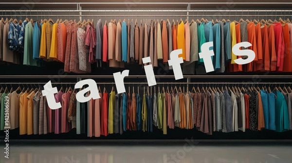 Obraz Tariffs word on racks of clothing