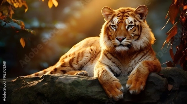 Fototapeta A stunning Golden Tiger resting on a sunlit rock formation, its golden-orange fur shimmering in the warm glow of the setting sun. The lush jungle around it adds to the majestic and rare sight.