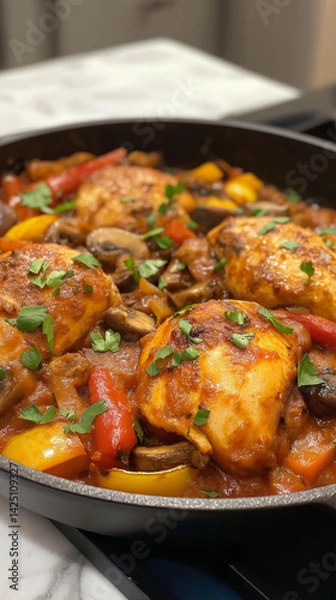 Obraz Stovetop chicken cacciatore closeup vertical