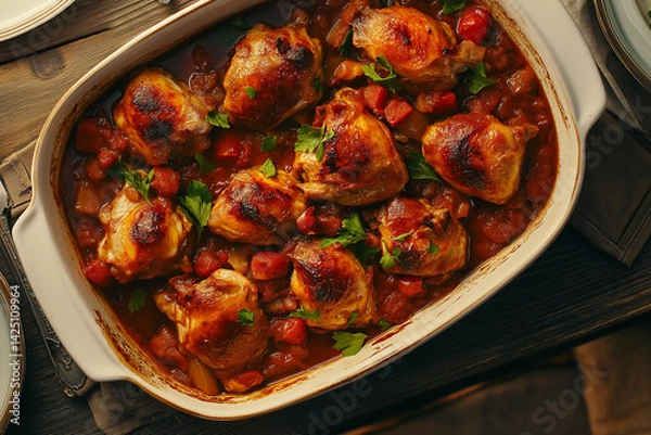 Obraz Overhead of chicken cacciatore in casserole dish