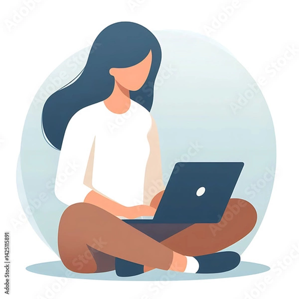 Fototapeta A minimalist flat vector illustration of a woman sitting cross-legged with a laptop on his lap, clean white background, flat design, soft dark pastel colors