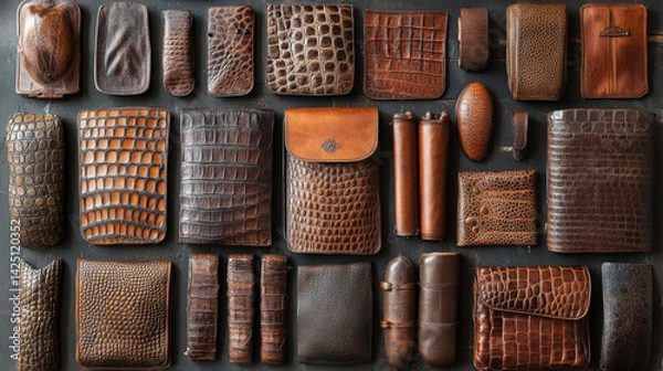 Fototapeta Assortment of crocodile leather items arranged for display