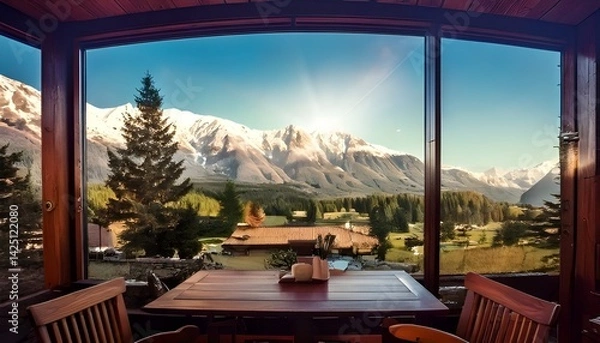 Fototapeta a cozy cafe with calm lightning and amazing view on mountains through window