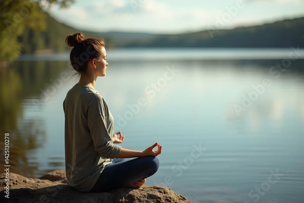Fototapeta Serene Meditation by the Lakeside, A Woman Finding Inner Peace with Nature's Calm Reflection and Gentle Breeze, Embracing Mindfulness and Tranquility