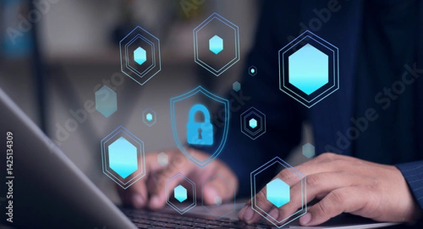Fototapeta Cyber Protection Data Security Internet Privacy, Internet and technology concept on virtual screen. Man touching on lock icon.