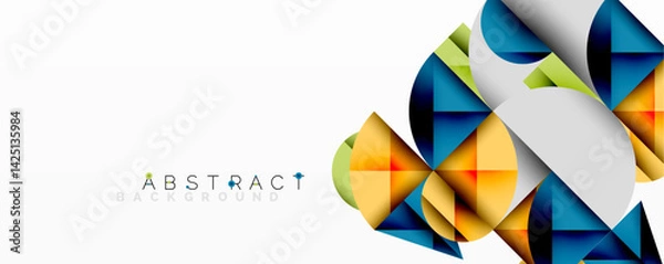 Fototapeta Modern abstract design features geometric shapes, vibrant colors. Blue, yellow, green elements create dynamic composition over white backdrop. Stylish, clean aesthetic.