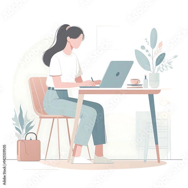 Fototapeta  A female freelancer working on a laptop at a small table, minimalist flat vector style, clean white background, casual clothes, flat pastel colors