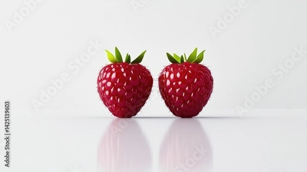 Fototapeta Two glossy raspberries with detailed leaf texture, centered on a white surface
