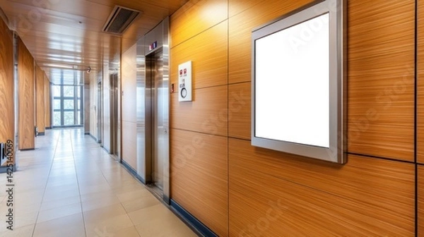 Obraz Modern office hallway with elevator and blank advertisement display.