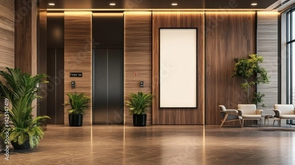 Obraz Modern lobby interior design with wooden accents and elevator.
