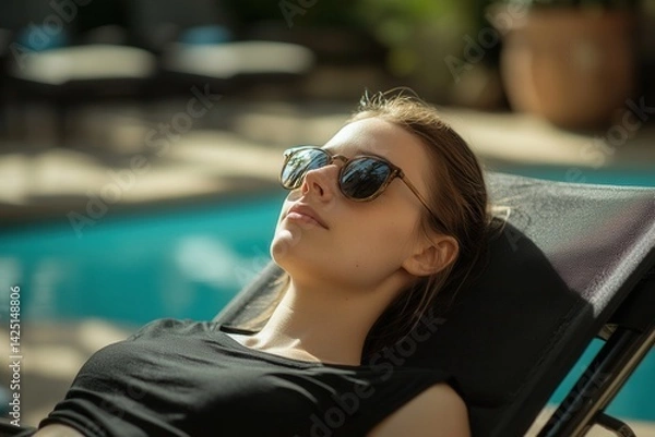 Obraz Caucasian woman in black top wearing sunglasses relaxing on lounge chair by turquoise swimming pool in sunlight