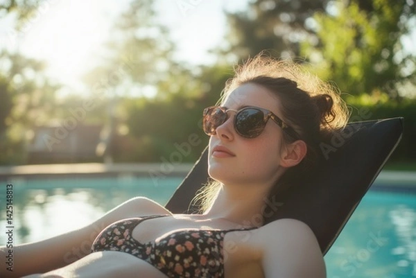 Obraz Caucasian woman in white top wearing sunglasses relaxing on lounge chair by swimming pool with trees in background