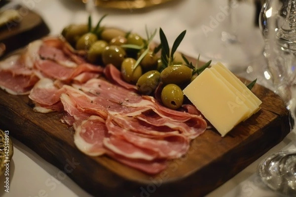 Obraz Wooden charcuterie board with sliced cured meats, green olives, and block of cheese served with wine glasses on dark table