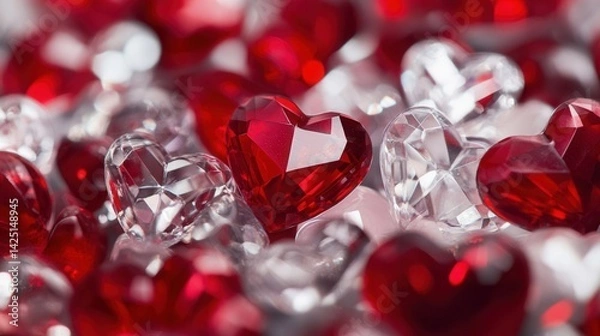 Obraz Red heart-shaped crystals or gems mixed with clear diamond-like stones creating romantic sparkling arrangement
