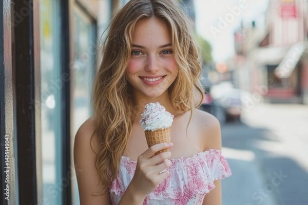 Obraz Caucasian woman with blonde wavy hair holding ice cream cone in urban setting with blurred street background