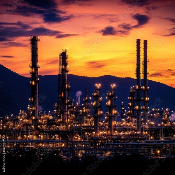 Obraz Illuminated oil refinery silhouetted against a vibrant orange and purple sunset sky. Industrial landscape with complex piping and towering structures