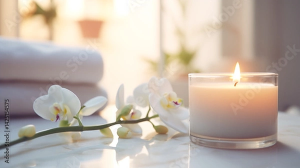 Obraz Aromatherapy candle on counter in modern bathroom, morning routine, Healthy and wellness concept.